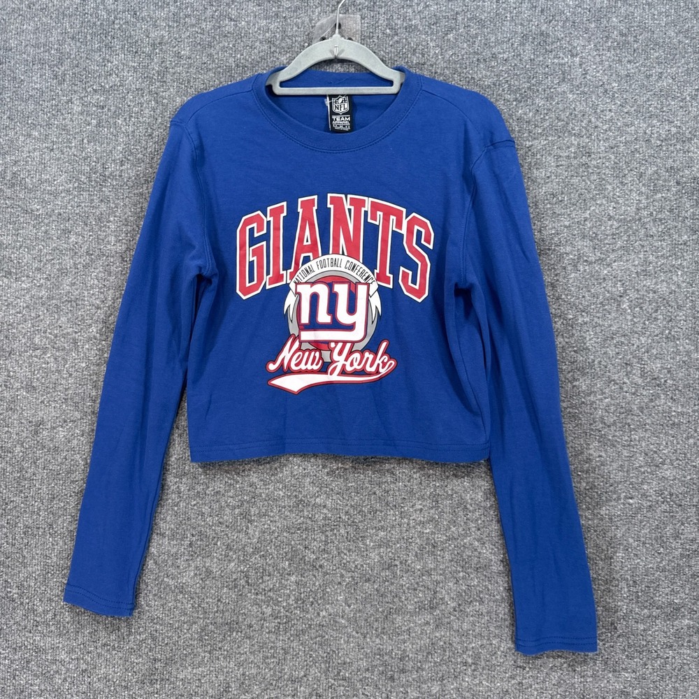 New York Giants Shirt Womens Medium Blue NFL Team Apparel Crop Top Long Sleeve